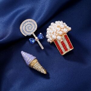 Sweet Delights Brooch Trio – Lollipop, Popcorn & Ice Cream Sparkling Pins of 3